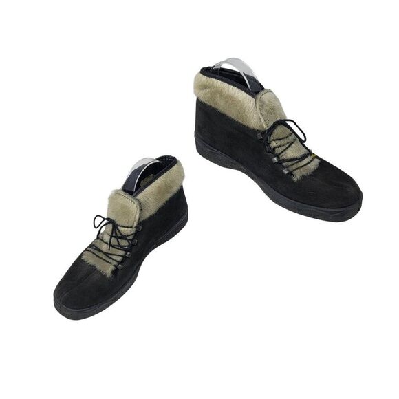 Vtg Womens Italian Black Suede Faux Fur Snow Boots Sz 8 Lace Up Ankle Booties - Picture 7 of 9